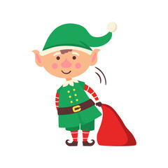 png funny elf cartoon in christmas costume with hat stocking toy decoration gift merry claus bag helper cute dwarf retro vintage children fantasy character greeting isolated icon illustration

