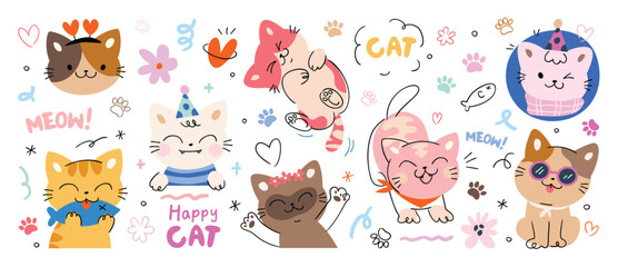 Cute cats and funny kitten doodle vector set. Happy international cat day characters design collection with flat color in different poses. Set of adorable pet animals isolated on white background.