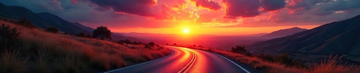 A winding road disappearing into a vibrant sunset, symbolizing the exciting possibilities and unknown adventures that lie ahead on life's journey , progress, potential, drive