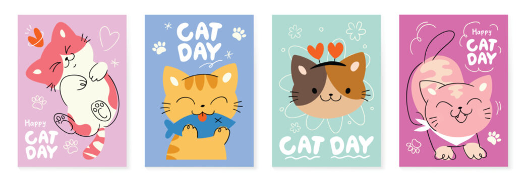 Happy international cat day cover set. Cute cats and funny kitten, paw foot design collection with flat color in different poses. Adorable pet animals illustration for international cat day.