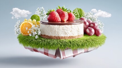 Delicious cheesecake topped with fresh strawberries, surrounded by vibrant fruits and greenery, presented on a floating grassy platform, creating a whimsical and appetizing dessert scene
