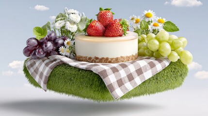 Delicious cheesecake topped with fresh strawberries, surrounded by vibrant flowers and grapes, elegantly presented on a green grass base, creating a delightful and inviting dessert scene