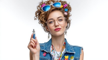 Young woman with curly hair wearing stylish sunglasses and denim vest, holding a vape device, showcasing a trendy lifestyle with colorful accessories and playful expression in a bright atmosphere