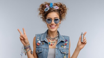 Young woman with curly hair wearing sunglasses and a denim vest, holding a vape device, smiling and making a peace sign, showcasing a vibrant and playful lifestyle in a modern setting