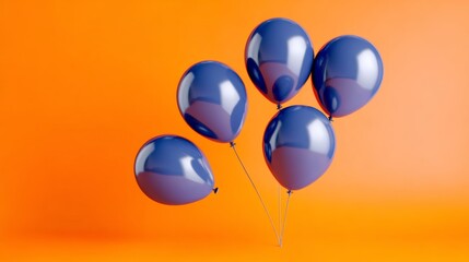 Five glossy blue balloons floating against a vibrant orange background, creating a cheerful and festive atmosphere, perfect for celebrations, parties, or decorative events, conveying joy and excitemen