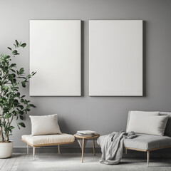 Double blank canvas on wall in modern grey room, perfect for home decor mockup with minimalist and neutral interior style.
