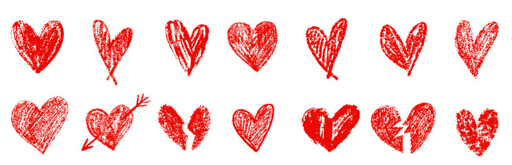 Vector crayon chalk heart sketch doodle illustration set  with broken heart shape. Valentine's Day sticker clipart collection.