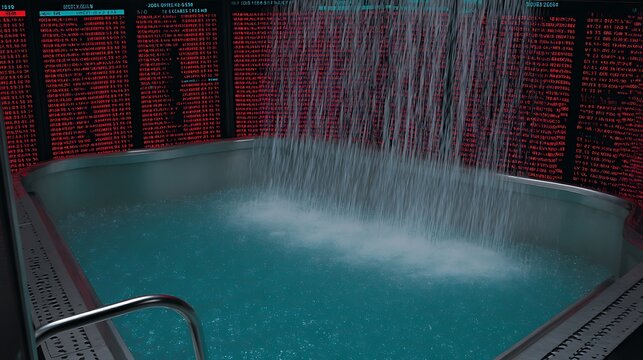 Cyberpunk code waterfall into cooling pool