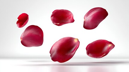 Vibrant red rose petals gracefully floating in mid-air against a soft white background, creating an elegant and romantic atmosphere, perfect for floral design and beauty concepts