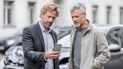 Two middle-aged men discussing car accident details while looking at smartphone, standing near damaged vehicle on street, showcasing concern and communication in an urban environment