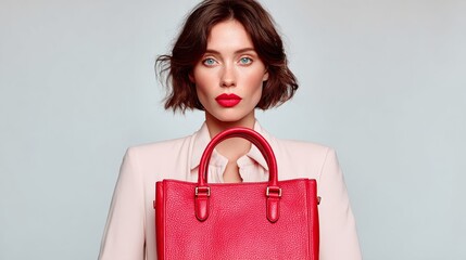 Stylish woman with short dark hair, wearing a light blazer, confidently holding a vibrant red handbag against a soft gradient background, showcasing modern fashion and elegance in accessories