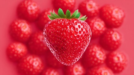 Fresh red strawberry with vibrant green leaves, suspended above a blurred background of strawberries, showcasing its juicy texture and natural beauty, perfect for food photography and culinary present