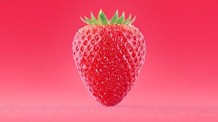 Fresh red strawberry with water droplets on surface, set against a vibrant pink background, showcasing natural textures and colors, perfect for food photography and healthy lifestyle themes