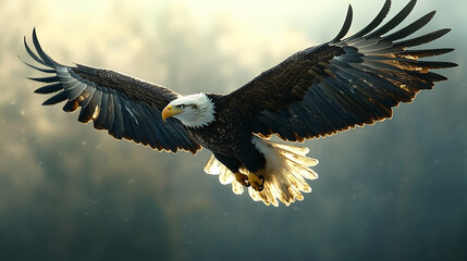 Obraz premium Majestic bald eagle in flight against a soft, misty backdrop.