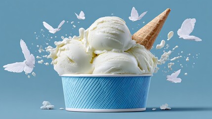 Ice cream in a blue cup with three scoops, topped with a cone, surrounded by splashes of cream and delicate butterflies, creating a whimsical and refreshing dessert scene