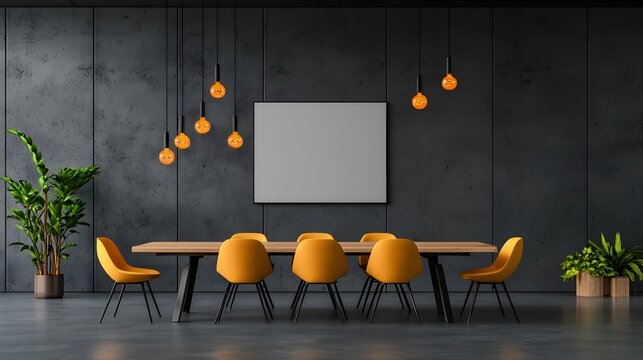 A modern minimalist meeting room with a blank abstract canvas artwork mockup  long title A
