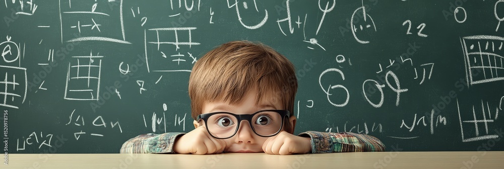 Aufkleber Curious young boy with eyeglasses is hiding behind a desk, looking with big eyes at math formulas and drawings written in chalk on a green chalkboard, ready to learn and study