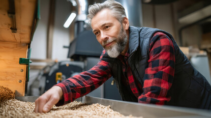Worker inspecting wooden biomass pellets in factory environment