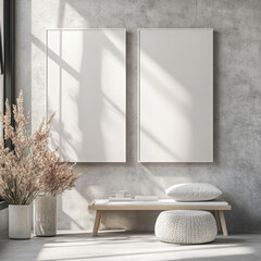 Double blank canvas on wall in modern grey room, perfect for home decor mockup with minimalist and neutral interior style.
