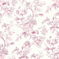 Pink Toile De Jouy Vintage Floral Seamless Pattern 09. Elegant Vector Graphics Print design