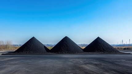 Coal mounds arranged neatly under a clear blue sky on an industrial site