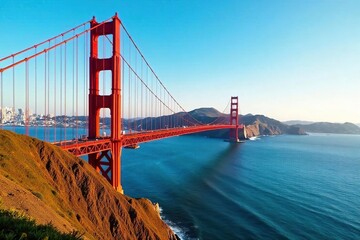 Fototapeta premium Iconic Golden Gate Bridge spanning the bay, bathed in sunlight, with vibrant orange against a clear blue sky A breathtaking view of San Francisco's landmark , steel, pillars, vista