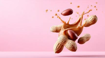 Peanuts splashing in creamy peanut butter against a soft pink background, creating a dynamic and appetizing visual, showcasing the deliciousness and texture of this popular snack food