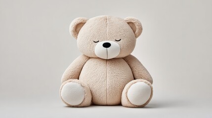 Soft plush teddy bear with closed eyes, sitting upright on a neutral background, showcasing its gentle features and comforting presence, ideal for children's decor or gift ideas