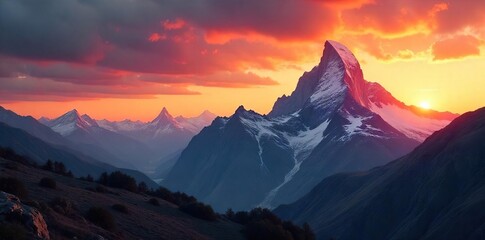Epic cinematic landscape featuring a majestic mountain range at sunset, ideal for film and video backgrounds Perfect for adventure, fantasy, or nature projects , rocks, still