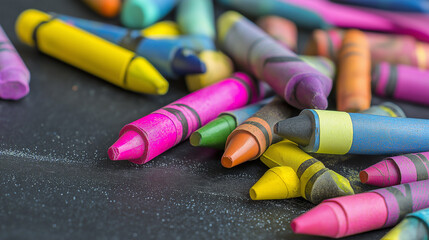 Obraz premium Colorful crayons scattered near blackboard, a playful burst of creativity in learning