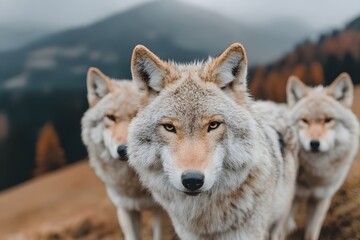 Fototapeta premium Drei Wölfe in herbstlicher Berglandschaft – kraftvolle Tieraufnahme 