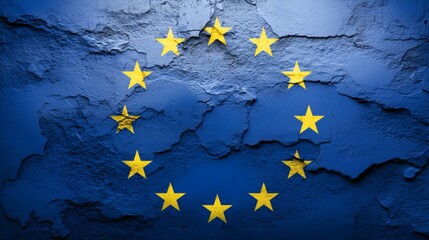 Cracked EU flag on wall, European Union flag with peeling texture, Relevant for crisis, unity or political division context