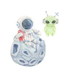 Seated astronaut in white-blue suit on cratered blue asteroid beside green alien in this watercolor illustration. Space clipart. Designed for storybook scenes, cardmaking, or science kits