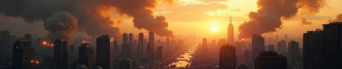 Fototapeta premium Apocalyptic cityscape ravaged by unseen forces, buildings crumbling, dust and debris fill the air, a scene of utter devastation and chaos , somber, wallpaper