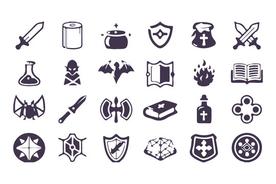 RPG Game Icon Set. Fantasy UI Pictogram Kit with Health Signs, Swords, Potions, Skills, Awards, Knight Weapons and Dungeon Dragon Elements. Vector Illustration