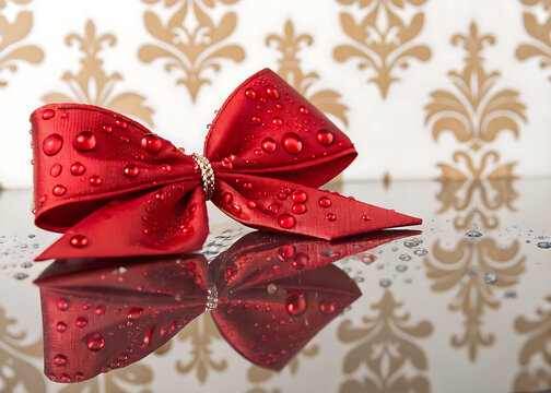 Elegant red bow on luxury wallpaper background for celebration or gift – Lazo rojo elegante sobre fondo de papel tapiz de lujo para celebración o regalo

