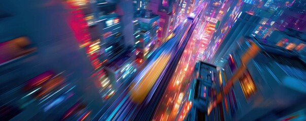 Futuristic city at night with vibrant lights and dynamic motion blur depicting rapid transit