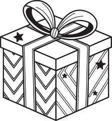 Top Down View of Decorative Gift Box with Ornate Ribbon  Black and White Outline Art