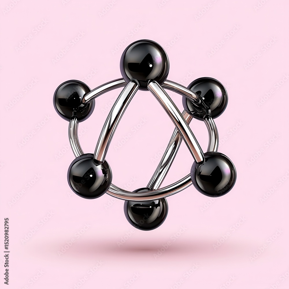 Fototapete abstract 3d rendering of a silver and black molecular structure against a pink background. shiny sph