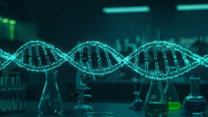 3D digital DNA strand visualization in laboratory setting with beakers - Powered by Adobe
