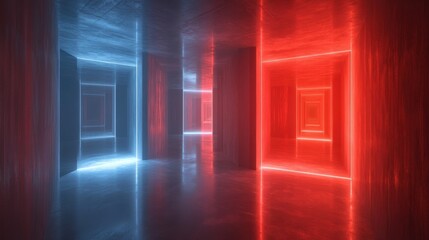 Fototapeta premium Futuristic Neon Light Corridor with Red and Blue Illumination