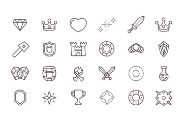 Fantasy RPG Line Icon Set. Vector Icons of Sword, Axe, Shield, Helmet, Bow, Castle, Potion, Spell Book, Scroll, Torch and Diamond Elements. Vector Illustration