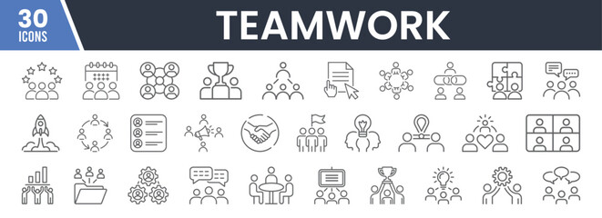 Set of 30 Line Icons Related to Teamwork, Collaboration, Communication, Leadership, Success, Growth, Innovation, Editable Stroke. Vector Illustration