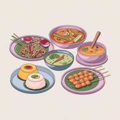 Minimal Cartoon Thai Street Food Set&ndash; No Faces, No Text