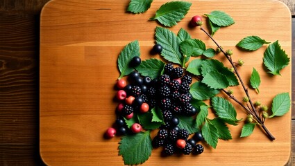 wild berries rustic cutting board pokeweed berries top down copy space food photography natural leaves
