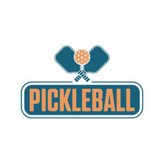 Modern Pickleball Logo with Bold Text, Contemporary pickleball logo featuring crossed paddles and ball above bold orange lettering inside a rounded blue frame.

