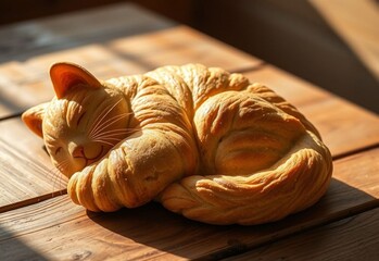 "Golden-brown biscat with cinnamon whiskers, curled up on a wooden table."
