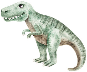 Cute T-Rex in watercolor style.  Tyrannosaurus rex roaring in the jungle. Prehistoric fun for kids. Handdrawn.