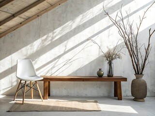 Minimalist wooden table and vase casting shadows on concrete wall – Mesa de madera minimalista y florero proyectando sombras sobre pared de concreto

