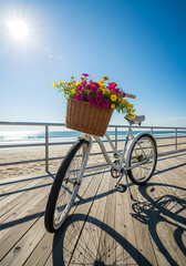 A white bicycle with a wicker basket filled with colorful flowers is parked on a wooden boardwalk